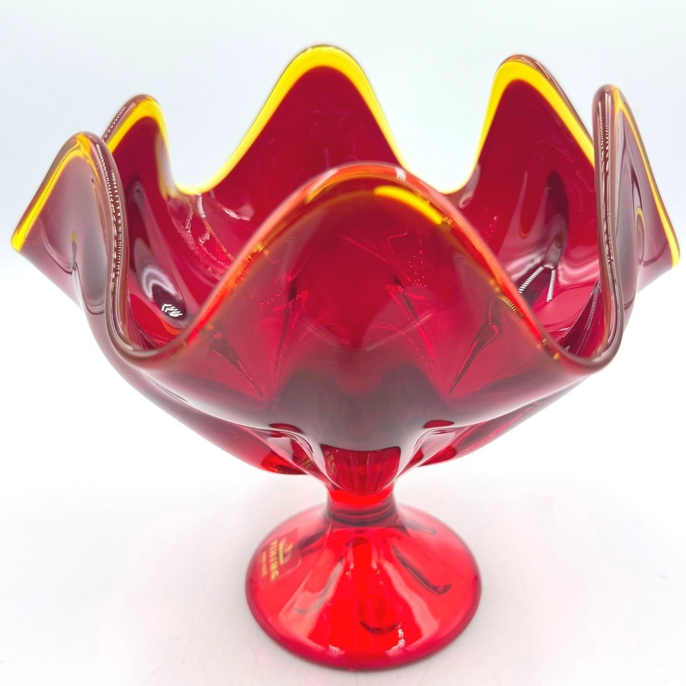 Viking Glass Ruby Amberina Handkerchief Pedestal Compote w Sticker UV Glow 1960s